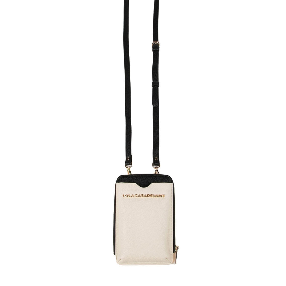 Funda clasica de la marca Lola Casademunt, modelo CLOE. Mini bolso porta móvil bicolor en efecto piel color beig. Contiene distintos compartimentos para billetes y tarjetas y asa bandolera ajustable. Cierre con cremallera.ALTO: 18,5 cm - LARGO: 12 cm - ANCHO: 3,3 cm / BANDOLERA: 141 cm