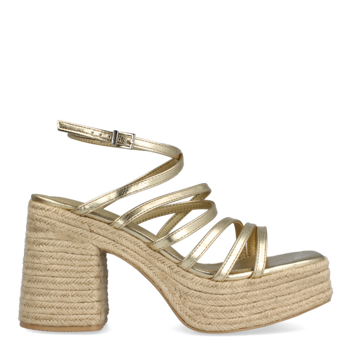 Sandalias de la marca Mim, modelo GYA. Exterior de las sandalias en piel color platino con tiras cruzadas. Cierre de las sandalias con hebilla y tacón de 8cm de altura. Estas sandalias Mim GYA son un complemento que está inspirado en la comodidad y el estilo, para resaltar y estilizar tus looks esta temporada.