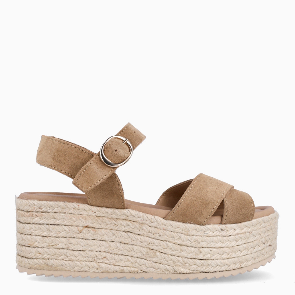 Sandalias de la marca Itse, modelo ROMEO. Elaboradas en ante color beig con tiras cruzadas en pala. Interior en piel color nude. Suela con plataforma de 6cm de altura. Estas sandalias Itse ROMEO son ideales para tu día a día!