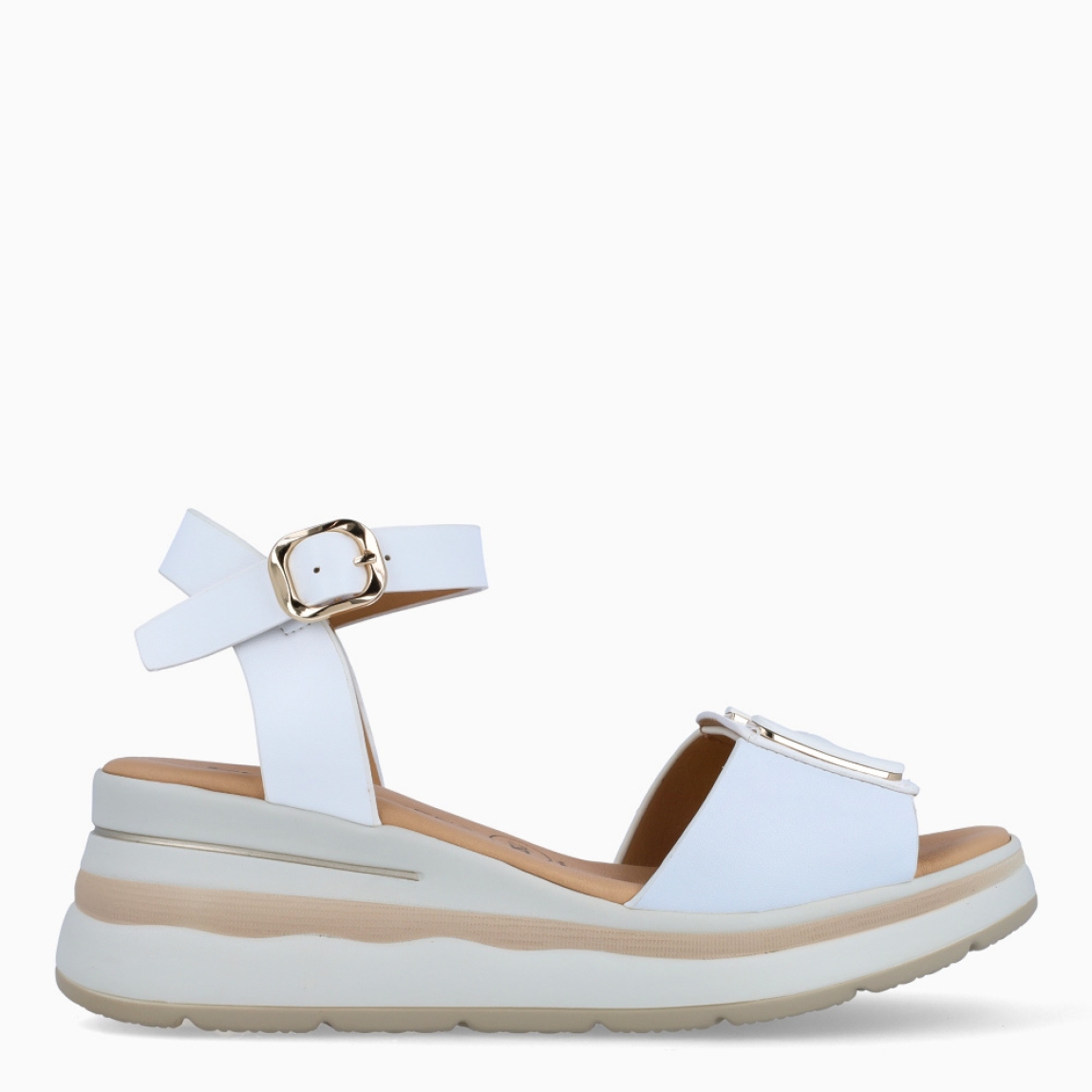 Sandalias de la marca Donna Serena, modelo MIRTA. Elaboradas en piel color blanco con detalle de logo 