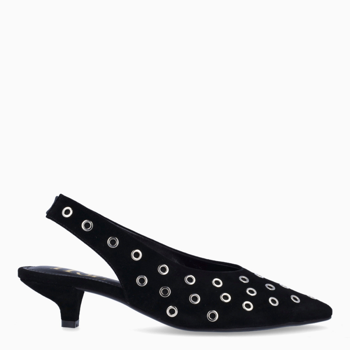 Salones de la marca Itse, modelo ZAFIR. Salones elaborados en ante color negro con tachuelas redondas por todo el calzado. Interior de salones en piel color negro. Salones con cierre de goma elástica en tobillo. Salones Itse con tacón de 3cm de altura. Estos salones Itse ZAFIR son ideales para ti!