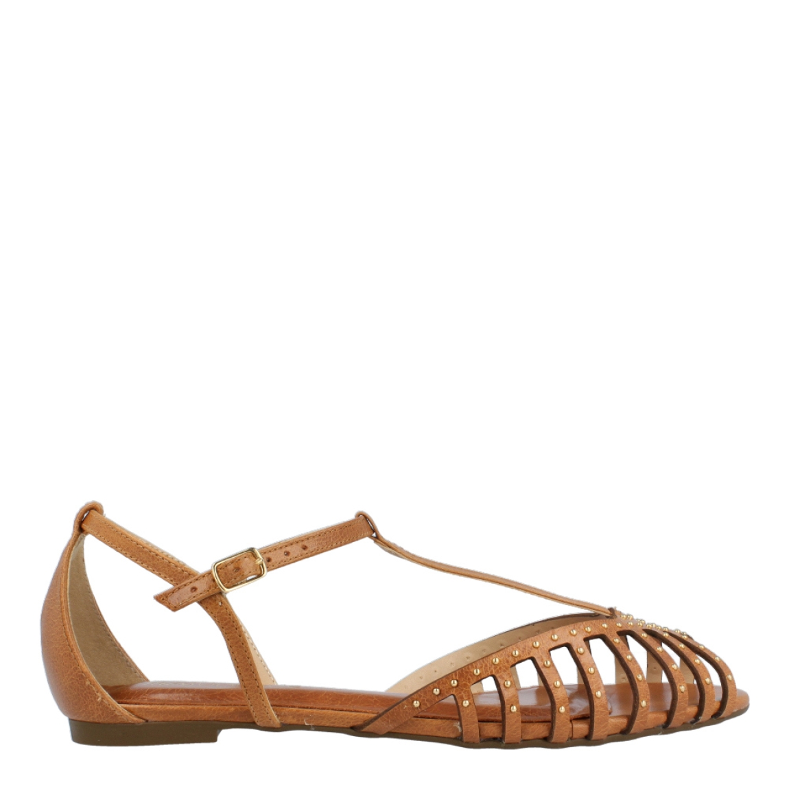 Sanalias de la marca Unique, modelo ELECTRA. Exterior de las sandalias en piel color cuero con detalle en tachas. Interior de las sandalias en piel color cuero. Cierre de las sandalias UNIQUE con hebilla en el tobillo. Estas sandalias Unique ELECTRA traen un diseño que te ayudará a lucir unos looks con estilo y comodidad a donde vayas.