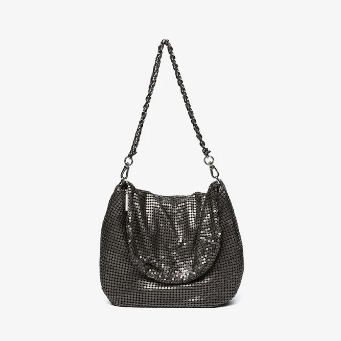 Bolso de hombro de fiesta de la marca Abbacino, modelo KURT. Bolso en estilo hobo de mujer elaborado en malla metálica color acero. Con forro interior. Cierre superior con cremallera y asa de hombro de cadena. Bolso Abbacino KURT con un diseño que se viste en los colores de temporada con el que brillarás allá donde vayas, perfecto para la noche y el día, es la opción ideal para crear looks únicos.
