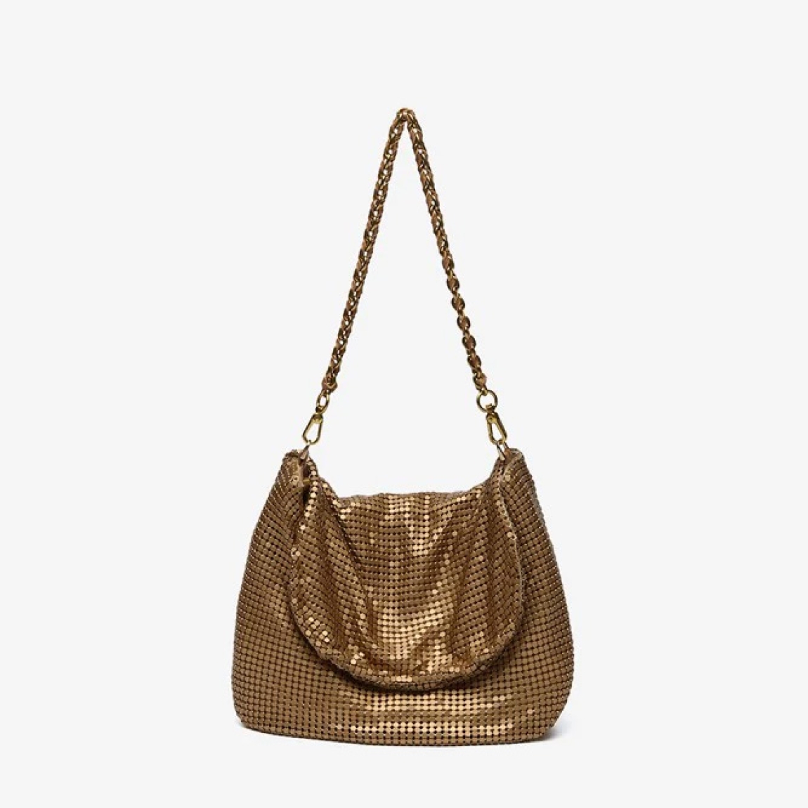 Bolso de hombro de fiesta de la marca Abbacino, modelo KURT. Bolso en estilo hobo de mujer elaborado en malla metálica color oro. Con forro interior. Cierre superior con cremallera y asa de hombro de cadena. Bolso Abbacino KURT con un diseño que se viste en los colores de temporada con el que brillarás allá donde vayas, perfecto para la noche y el día, es la opción ideal para crear looks únicos.