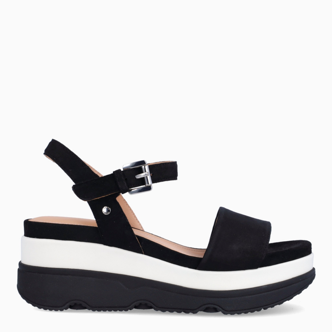 Sandalias de la marca Geox, modelo D02. Elaboradas en ante color negro. Interior en piel color nude. Sandalias Geox con cierre de hebilla en tobillo y suela con plataforma en blanco y negro. Sandalias Geox D02, complemento clásico para tu día a día!