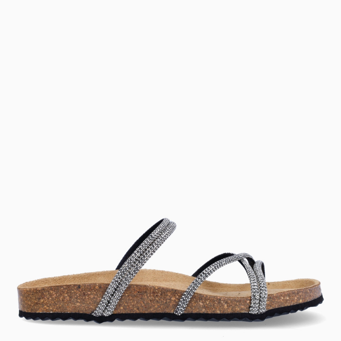 Sandalias de la marca Geox, modelo DASY. Sandalias elaboradas piel con detalle de piedrerías negro y tiras cruzadas en pala. Interior en piel color camel. Cierre de sandalias Geox con cordones y suela de corcho plana. Sandalias Geox DASY ideales para esta temporada!