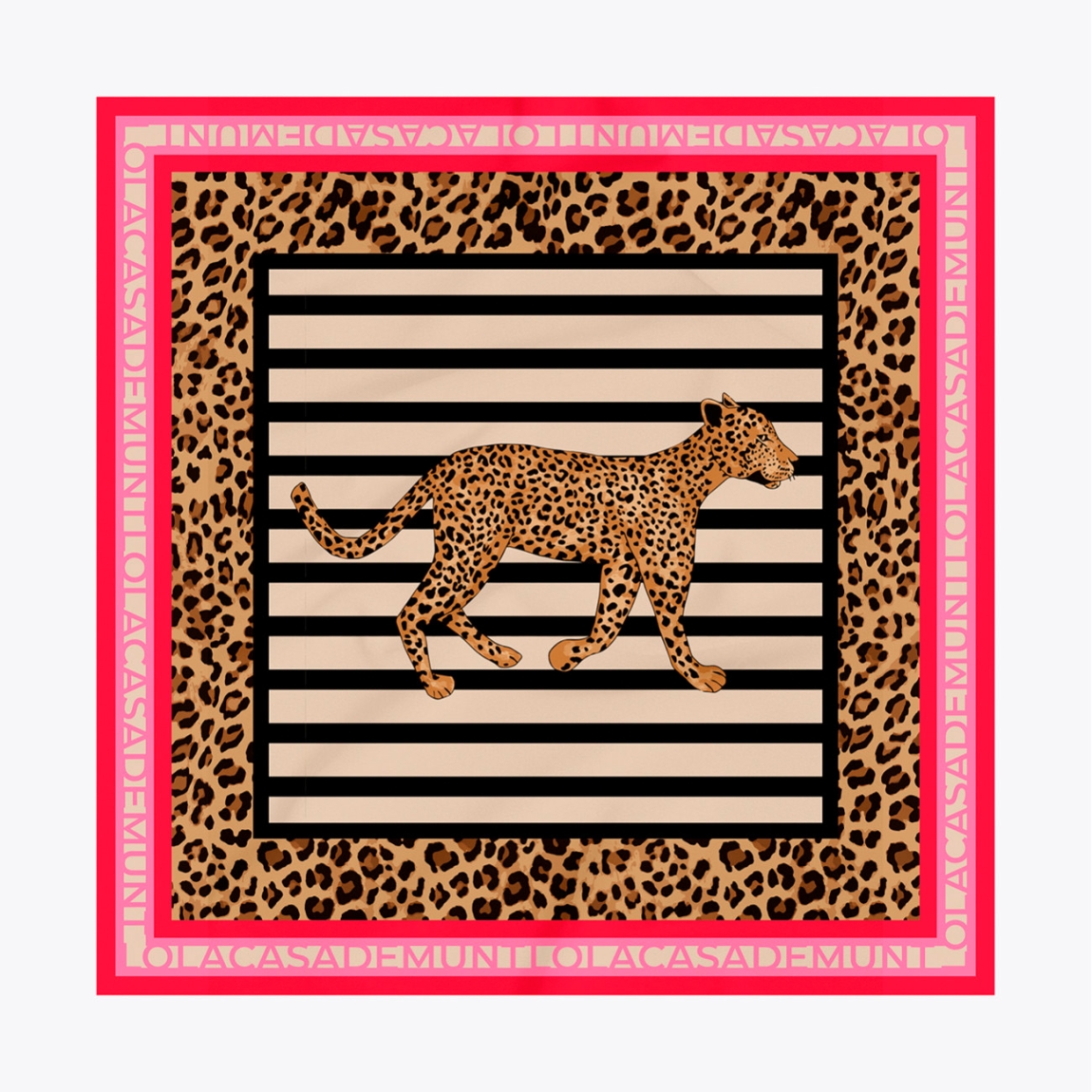 Pañuelo de la marca Lola Casademunt, modelo L071. Pañuelo satinado vibrante con estampado de rayas y diseño de leopardo. Material suave al tacto que aporta elegancia a cualquier look. Ideal para mejorar tu estilo diario o en ocasiones especiales. Mide 70x70 cm.