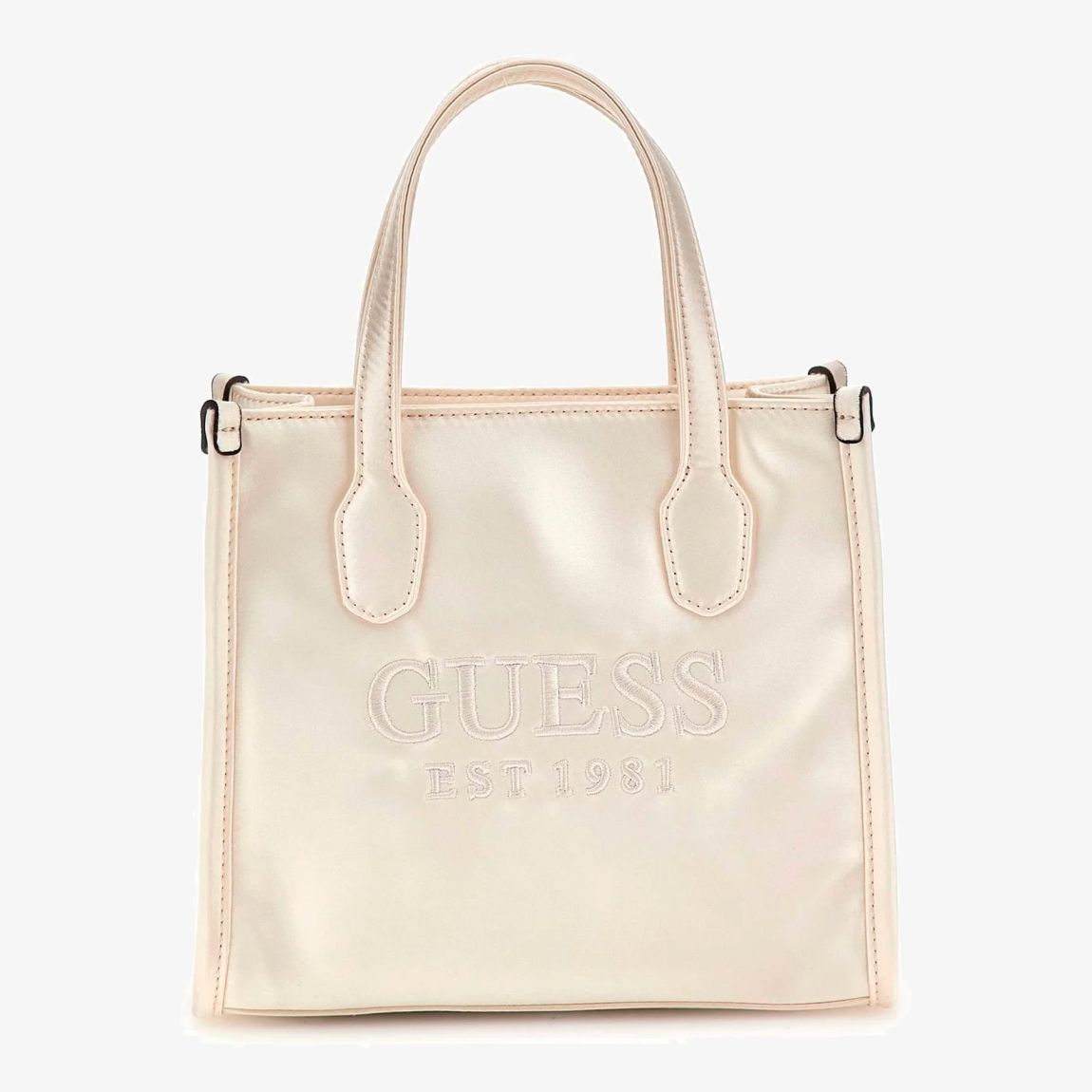Bolso de la marca Guess, modelo SILVANA. Exterior del bolso en tela color blanco con estampado del logotipo en la parte frontal. Interior del bolso en textil con estampado, bolsillo y doble compartimento. Cierre del bolso Guess con botón y doble asa, una fija, otra justable y extraíble. Medidas: alto 17cm y ancho 20cm. Este bolso Guess SILVANA tiene el diseño ideal para llevarlo a donde quieras con la comodidad y estilo único durante esta temporada.