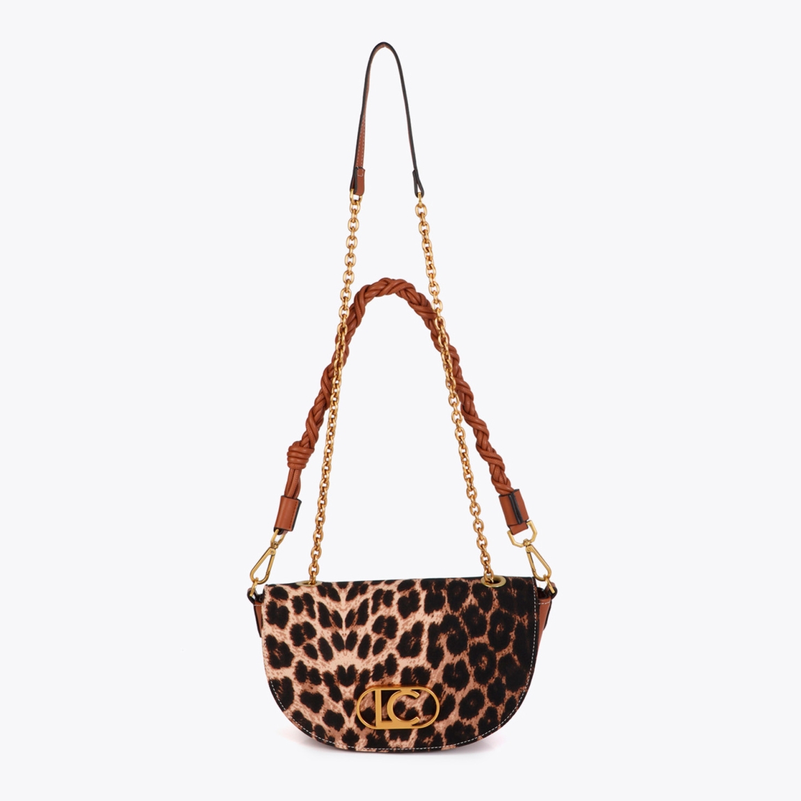 Bolso media luna de la marca Lola Casademunt, modelo DESIRETH. Elaborado en piel con estampado de leopardo. Asa de cadena dorada y correa trenzada en cuero sintético. Cierre magnético y espacioso compartimento interior. Un complemento audaz y estiloso para tu día a día. Bolso Lola Casademunt DESIRETH, ideal para darle estilo a tus looks!ALTO 16cm ANCHO 28cm PROFUNDIDAD 6cm