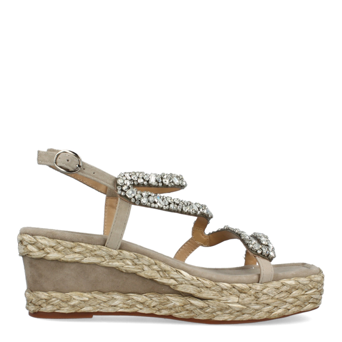 Sandalias de la marca Alma en Pena, modelo BRILLE. Exterior de las sandalias en ante color taupe con tiras brillantes. Interior de las sandalias en ante colr taupe. Cierre de las sandalias Alma en Pena con hebilla y cuña de 6cm de altura. Estas sandalias Alma en Pena BRILLE tienen el diseño que necesitas para destacar tus looks con elegancia y comodidad. No puede faltar en el armario.