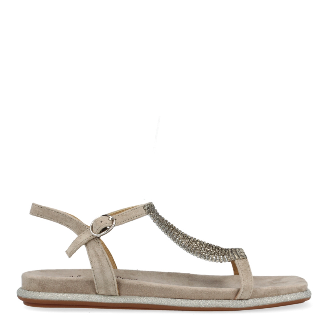 Sandalias de la marca Alma en Pena, modelo VIEZMA. Exterior de las sandalias en ante color taupe con detalle de brillantes en la pala. Interior de las sandalias en ante color taupe. Cierre con hebilla y suela plana. Estas sandalias Alma en Pena VIEZMA son un complemento ideal para darle un estilo innovador a tus looks y sobre todo disfrutar de una comodidad máxima gracias a su ligereza.