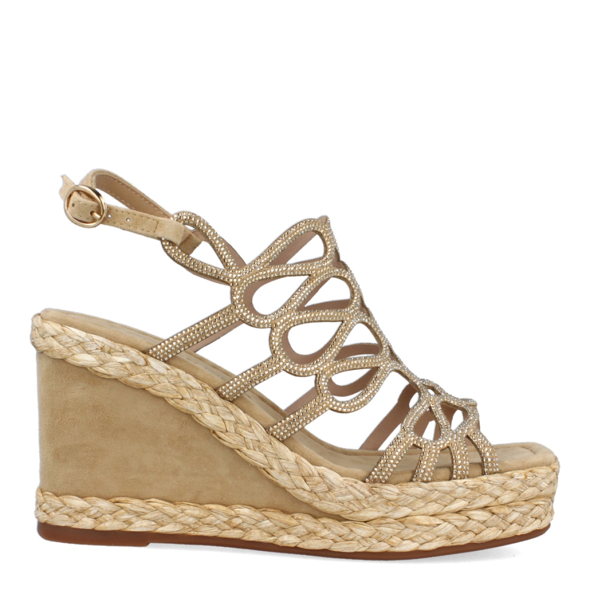 Sandalias de la marca Alma en Pena, modelo LARA. Exterior de las sandalias en ante color marrón con brillantes. Interior de las sandalias en ante color marrón. Cierre de las sandalias Alma en Pena con hebilla en el tobillo. Sandalias con cuña de 8cm de altura con detalle en rafia trenzada. Estas sandalias Alma en Pena LARA tiene un diseño exclusivo que te dará estilo y comodidad a donde vayas.