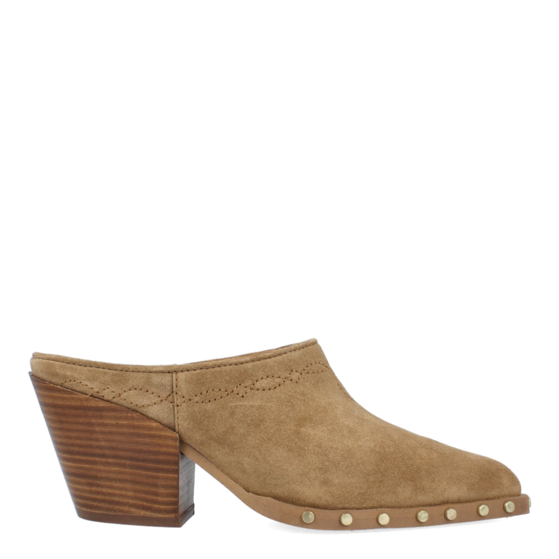 Zuecos camperos de la marca Alpe, modelo CAMP. Exterior de los zuecos en alpe color cuero con detalles de tachuellas doradas. Interior de los zuecos en piel color camel. Zuecos camperos Alpe con tacón de 5cm de altura. Estos zuecos Alpe Camp son un complemento que deberías tener en esta temporada para combinar con todos tus looks del día a día!