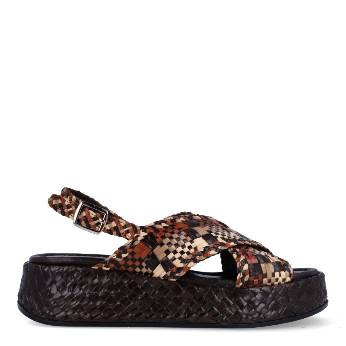 Sandalias de la marca Pons Quintana, modelo MAUI. Elaboradas en piel trenzada multicolor. Interior en piel color negro. Cierre de sandalias Pons Quintana MAUI con hebilla en tobillo. Suela con 5cm de plataforma. Sandalias Pons Quintana MAUI ideales para acompañarte en tu día a día con comodidad y elegancia. Con ellas destacarás allá donde vayas!