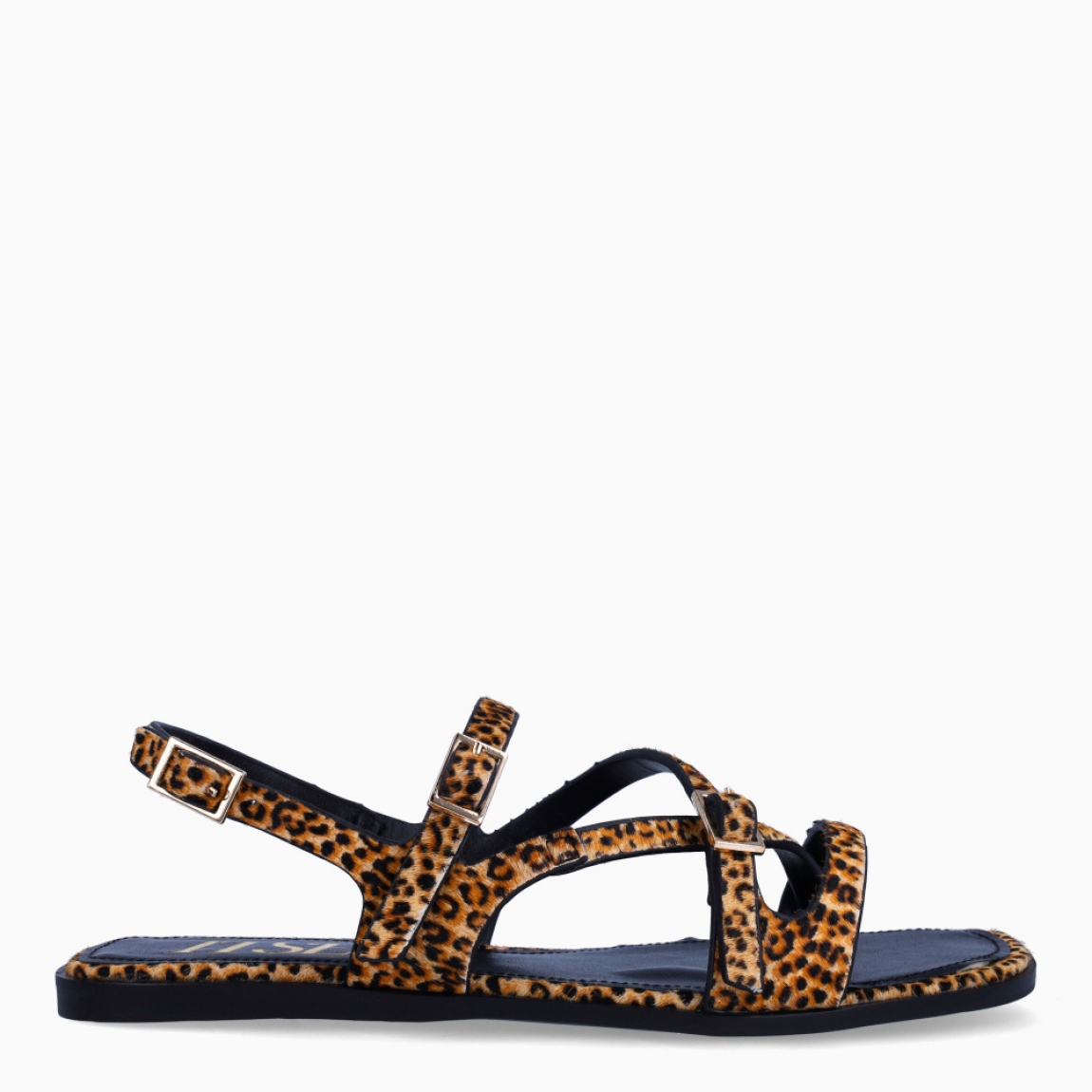 Sandalias de la marca Itse, modelo BELEN. Sandalias elaboradas en piel potro con estampado animal print de leopardo. Interior de sandalias en piel color negro. Sandalias con tiras cruzadas en pala y cierre con tres hebillas, dos en pala y una en tobillo. Sandas Itse con suela de goma plana. Estas sandalias Itse BELEN son ideales para ti!