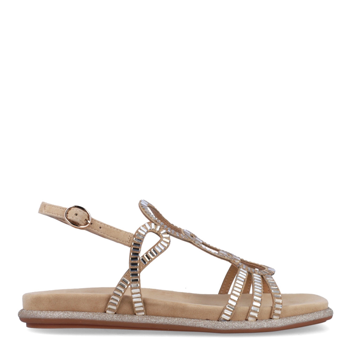 Sandalias de la marca Alma en Pena, modelo IVET. Exterior de las sandalias en ante color camel con detalles circulares de brillantes en la pala. Interior de las sandalias en ante color camel. Cierre con hebilla y suela plana. Estas sandalias Alma en Pena IVET son un complemento ideal para darle un estilo innovador a tus looks y sobre todo disfrutar de una comodidad máxima gracias a su ligereza.