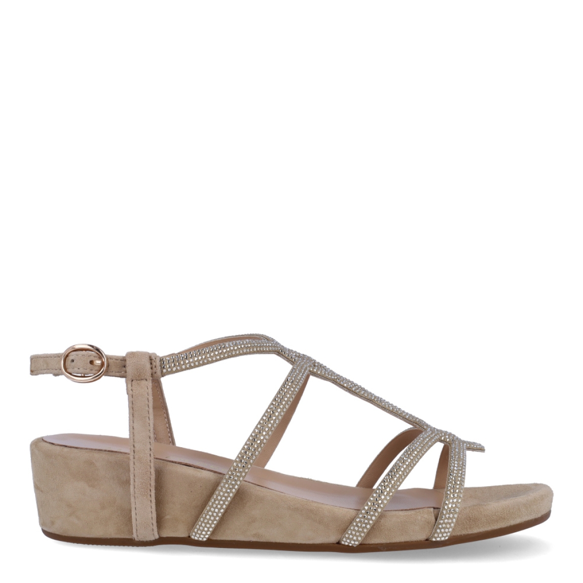 Sandalias de la marca Alma en Pena, modelo ELINA. Exterior en ante color camel con detalle de tiras cruzadas brillantes en pala. Interior en ante color camel. Cierre de las sandalias con hebilla en tobillo. Sandalias Alma en Pena con cuña de 4cm de altura. Estas sandalias Alma en Pena ELINA son un complemento ideal para lucir tus looks con estilo y comodidad esta temporada!