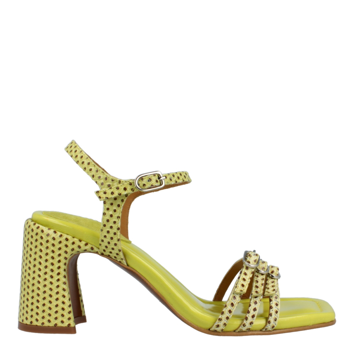 Sandalias de la marca Audley, modelo LEMON. Exterior de las sandalias en piel color verde con estampado de puntos color marrón. Interior de las sandalias en piel color verde. Cierre de las sandalias Audley con hebillas, una en el talón y tres en la pala. Sandalias Audley con tacón de 6cm de altura. Estas sandalias Audley, modelo LEMON, tienen un diseño y color atrevido. Te hará lucir un look único!