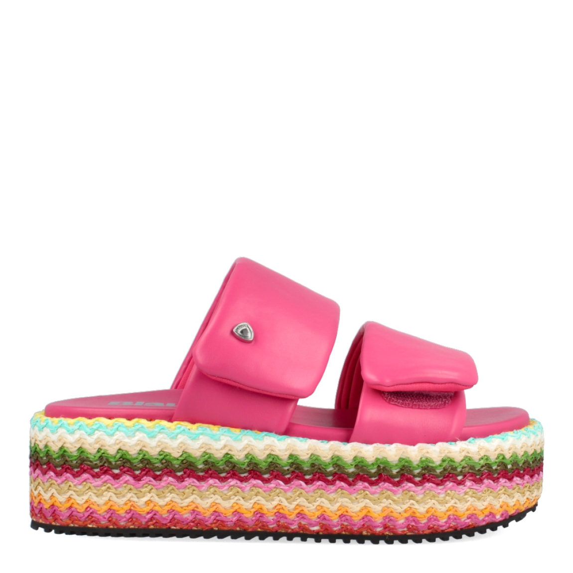 Sandalias de la marca Blauer, modelo UMA. Exterior e interior de las sandalias en piel color fucsia. Cierre de las sandalias Blauer con doble velcro, en la pala y el empeine. Sandalias Blauer con plataforma de 5cm de altura con detalle en rafia trenzada multicolor. Esta sandalias Blauer UMA son un complemento ideal para esta temporada.