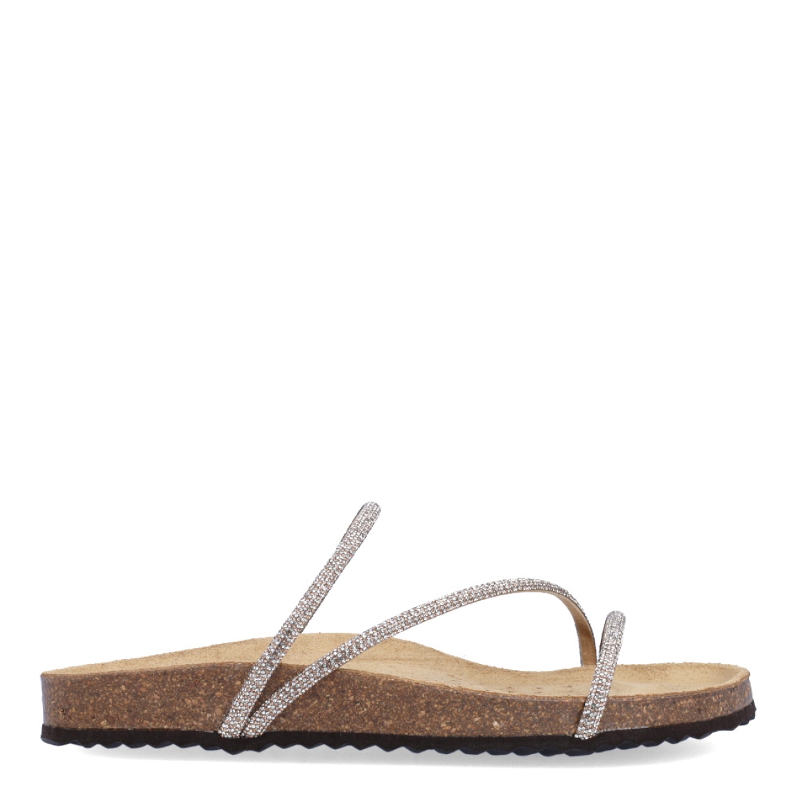 Sandalias de la marca Geox, modelo D55. Exterior en textil color taupe con tiras cruzadas brillantes. Interior en piel color taupe y suela plana. Estas sandalias Geox D55 son un complemento clásico de temporada, ideal para llevar en tu día a día!