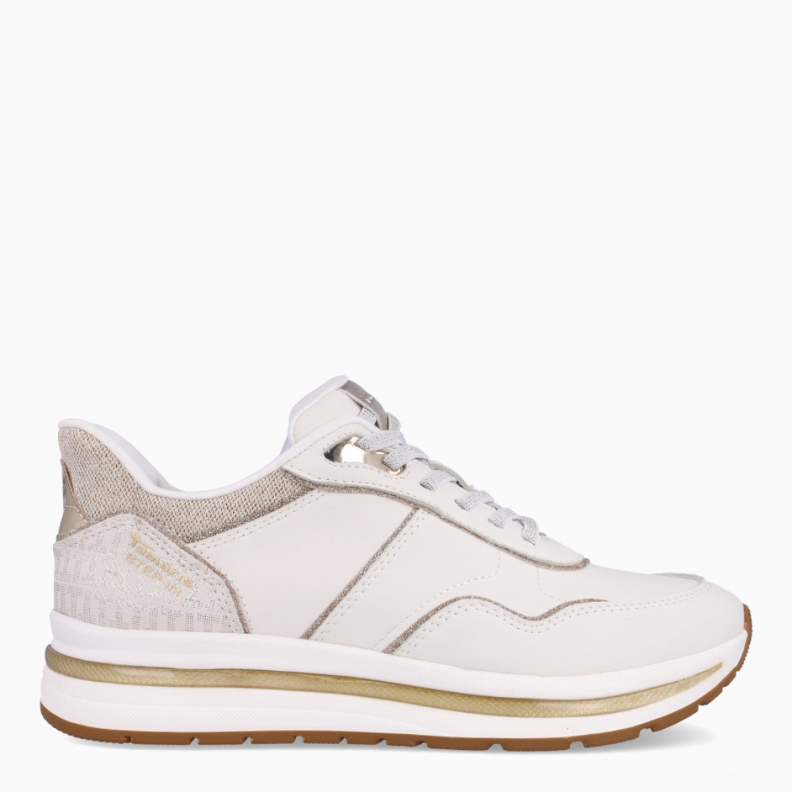 Deportivas de la marca Tamaris, modelo MAGGIE. Exterior en piel colo blanco con detalle de escarchado. Interior de las deportivas en piel color blanco con plantilla acolchada y extraíble para máxima comodidad. Cierre de las deportivas con cordones y suela plana de goma. Estas deportivas Tamaris MAGGIE son un complemento ideal para tu día a día. No pueden faltar en tu armario!