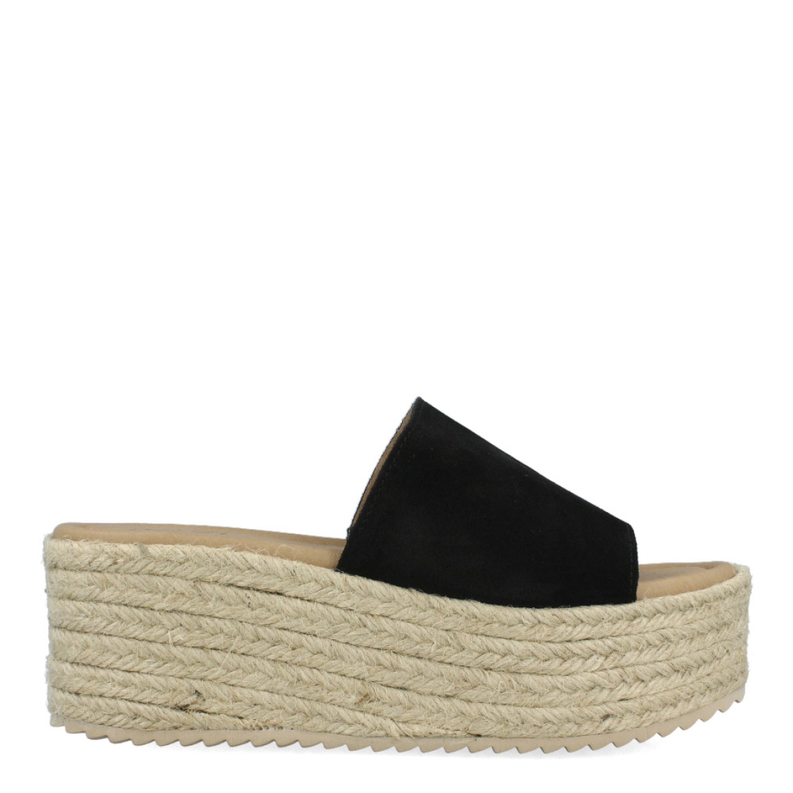 Chanclas de la marca Itse, modelo CHENAI. Exterior de las chanclas en ante color negro. Interior de las chanclas en piel color nude. Chanclas Itse con plataforma de 5cm de altura. Estas chanclas Itse CHENAI son unas clásicas para esta temporada, podrás combinarlas con todos looks desde una comodidad única.