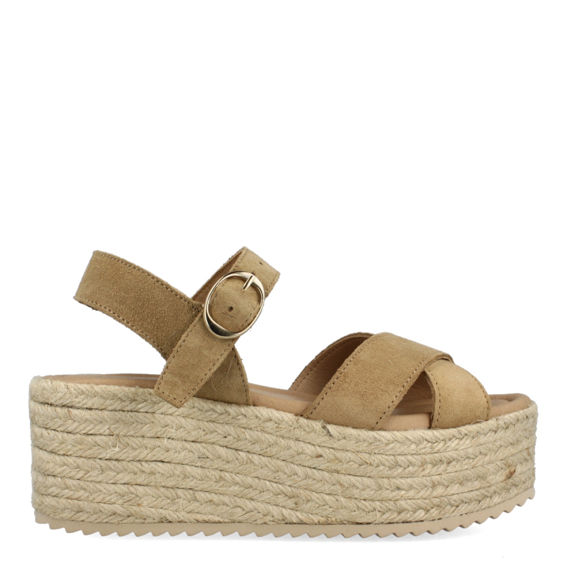 Sandalias de la marca Itse, modelo ROMEO. Exterior de las sandalias en ante color marrón con tiras cruzadas en la pala. Interior de las sandalias en piel color beig. Cierre de las sandalias Itse con hebilla en el tobillo y cuña de 6cm de altura. Estas sandalias Itse ROMEO son una tendencia de temporada, podrás lucirlas en diferentes looks con la máxima comodidad.