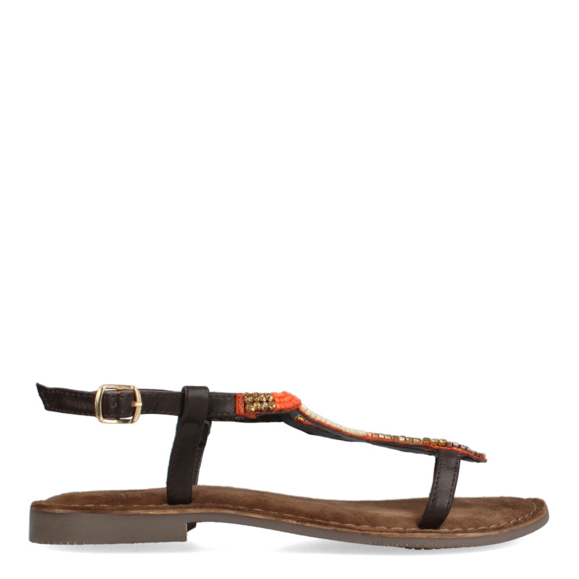 Sandalias de la marca Itse, modelo ELOISE. Exterior en piel color marrón con piedrería en naranja, dorado y marrón. Interior en ante color marrón. Cierre con hebilla y suela plana. Estas sandalias Itse ELOISE son un complemento que destacará tus looks de temporada y te ofrecerá la comodidad máxima que necesitas en el día a día.