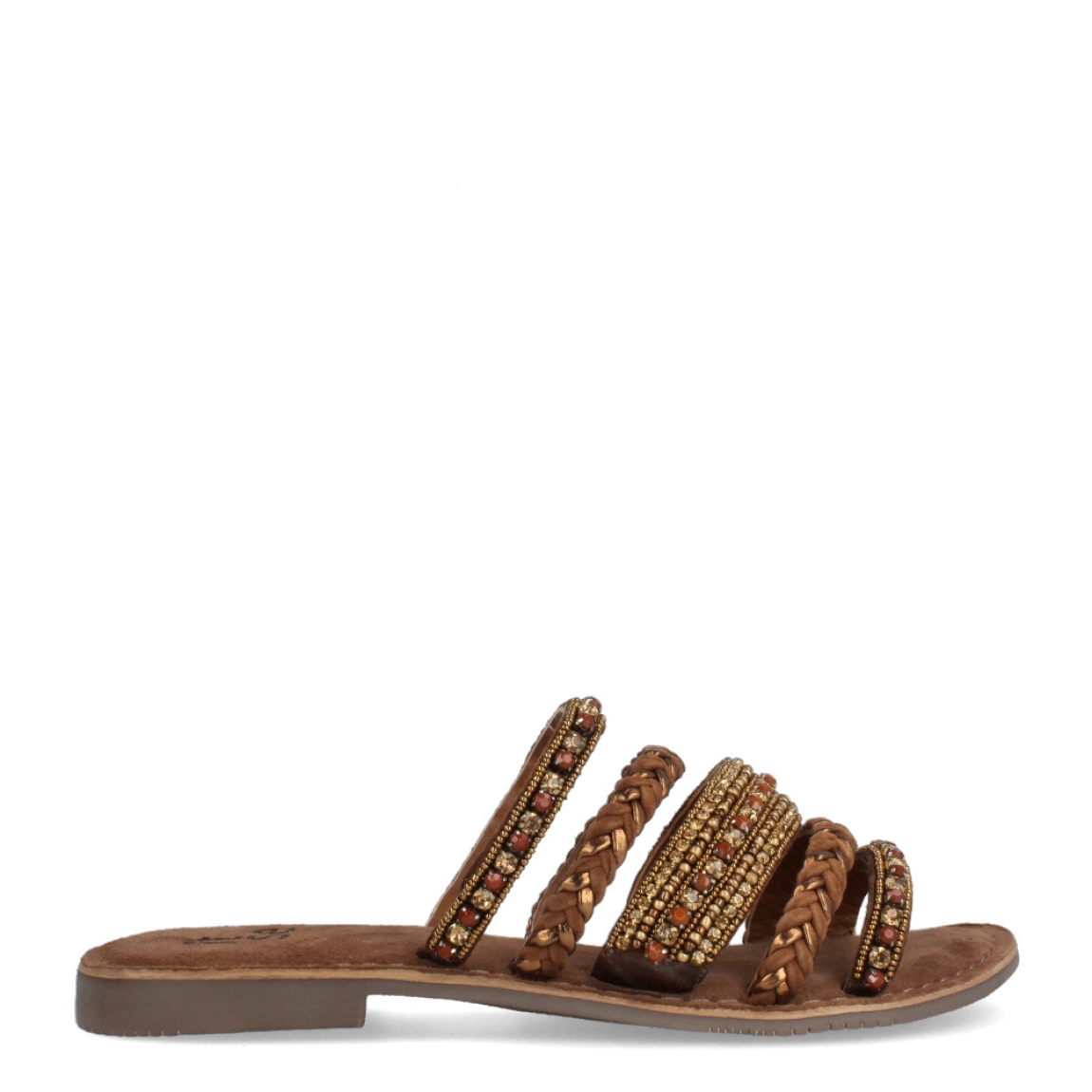 Sandalias de la marca Itse, modelo GINA. Exterior en piel color marrón con brillantes. Interior en ante color marrón y suela plana. Estas sandalias Itse GINA son complemento que hará resaltar tus looks de temporada y te dará la comodidad que necesitas en tu día a día.