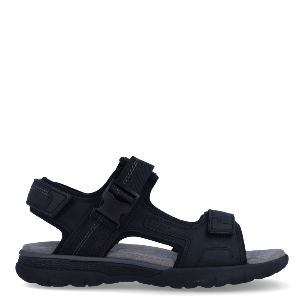 Sandalias de la marca Geox, modelo U55. Exterior en neopreno de color negro. Interior en neopreno color gris con plantilla acolchada para máxima comodidad. Cierre de sandalias Geox con triple velcro, en pala y tobillo. Suela plana. Estas sandalias Geoz U55 son el complemento perfecto para tus looks de temporada en el día a día!