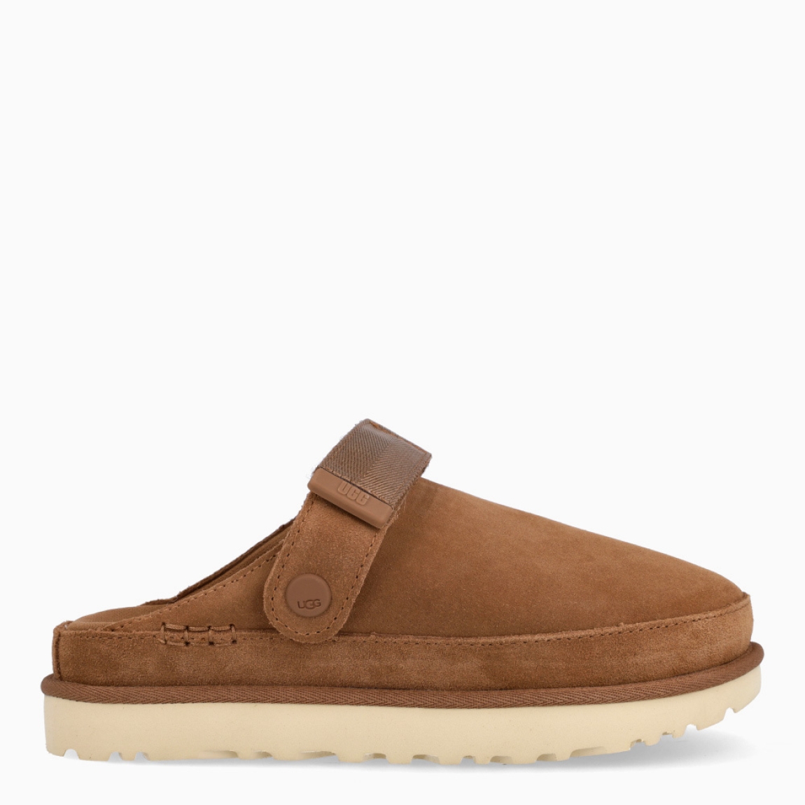 Zuecos de la marca UGG, modelo GOLDENSTAR. Zuecos elaborados en forro textil confeccionado con fibras de poliéster 100 % reciclado color cuero. Logotipo de UGG grabado. Tira ajustable en el talón, cierre de velcro, extremo de la tira de TPU con letras UGG. Plantilla textil elaborada con fibras de poliéster 100 % reciclado. Suela de goma con plataforma. Estos zuecos UGG GOLDENSTAR son un complemento ideal en comodidad y estilo!