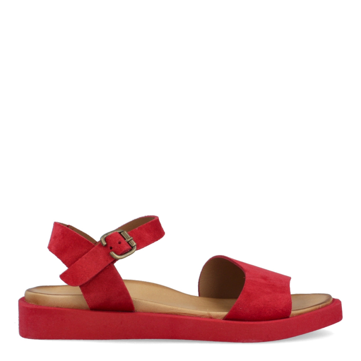 Sandalias de la marca Itse, modelo VILMA. Exterior de las sandalias en ante color rojo. Interior de las sandalias en piel color marrón. Cierre de las sandalias con hebilla en el tobillo y suela plana. Estas sandalias Itse VILMA tienen el color rojo tendencia de temporada, lo que hará resaltar tus looks a donde vayas.