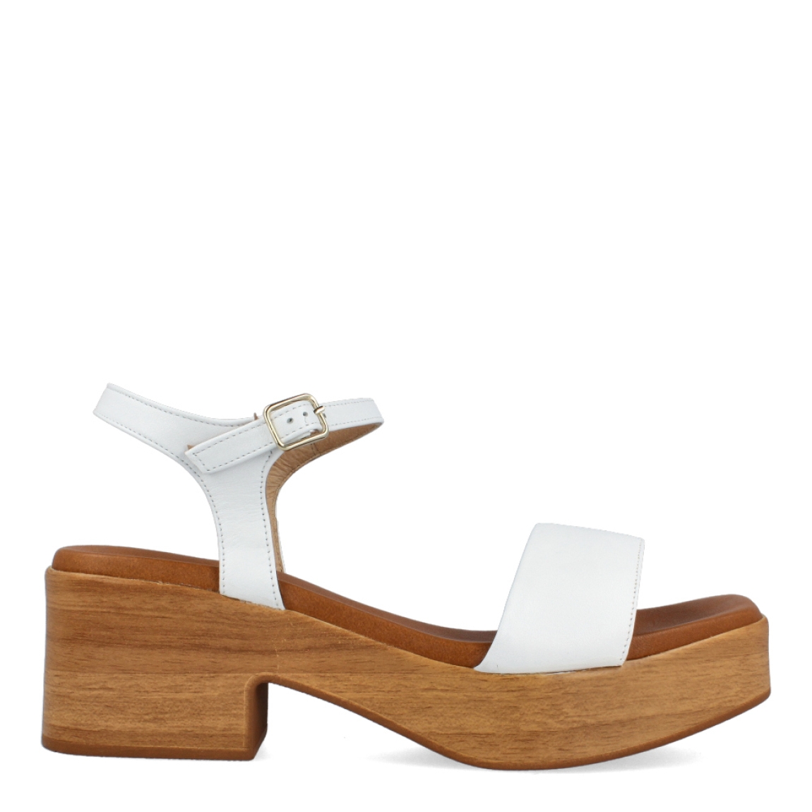 Sandalias de la marca Munné, modelo CATERINE. Exterior de las sandalias en piel color blanco. Interior de las sandalias en piel color camel. Cierre de las sandalias Munné con hebilla en el tobillo y tacón de 5cm de altura. Estas sandalias Munné CATERINE son unas clásicas para esta temporada, podrás crear diferentes looks con estilo y comodidad.