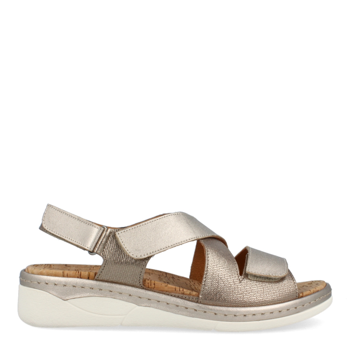 Sandalias de la marca Comfort Class, modelo WANDA. Exterior de las sandalias en piel color platino. Interior de las sandalias en piel color corcho. Cierre de las sandalias Comfort Class con doble velcro en el tobillo y cuña de 4cm de altura. Estas sandalias Comfort Class WANDA es el complemento ideal para esta temporada, crearás diferentes looks con la máxima comodidad posible.