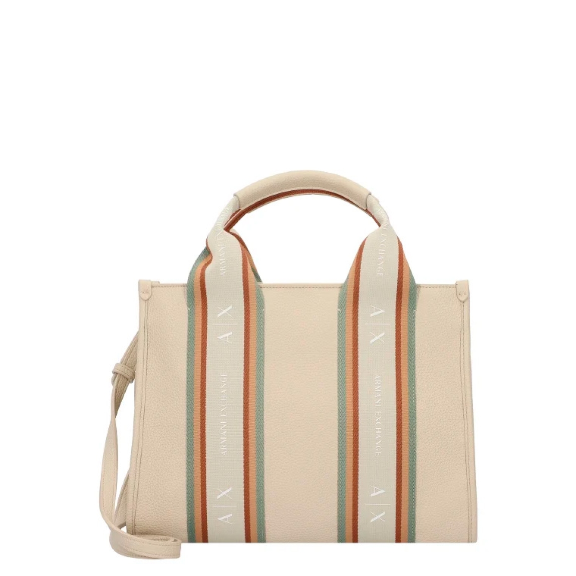 Bolso de la marca Armani Exchange, modelo VALLEY. Elaborado en piel color beig con rayas multicolor y estampado de marca. Cierre con cremallera, asas fijas y extraíbles. Incluye un práctico compartimento para el teléfono móvil, bolsillos interiores y un compartimento con cremallera de fácil acceso, cuyo cierre permite abrirlo y cerrarlo sin esfuerzo. Este elegante acompañante es perfecto para las amantes de la moda. Medidas: altura 22cm y ancho 29cm. Complemento resistente, este bolso Armani Exhchange promete durabilidad y robustez sin renunciar a la elegancia.