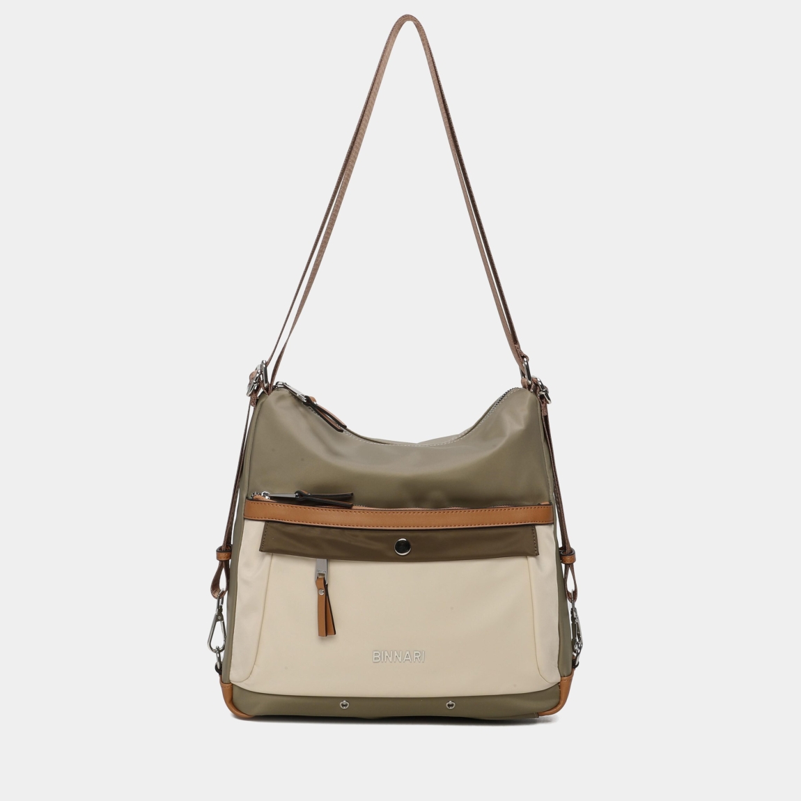 Bolso mochila de la marca Binnari, modelo Genil confeccioanda en nylon y pu color verde. Si estás buscando un bolso versátil, este modelo es el acertado. Podrás llevarlo tanto de mochila como de hombro .En el interior encontramos 3 departamentos, 1 de ellos con cremallera. Los detalles metálicos son de color plata. Medidas: alto 30cm y ancho 30cm.