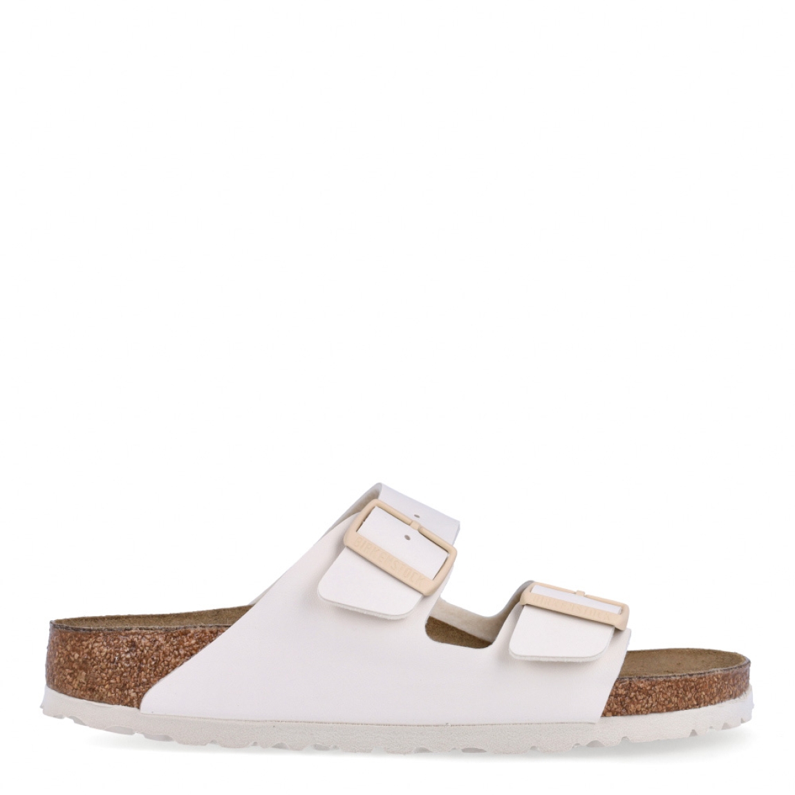Sandalias de la marca Birkenstock, modelo ARIZONA BIRKO. Sandalias elaboradas en piel de alta calidad color blanco, con base de corcho y látex de forma anatómica. Cierre de las sandalias con doble hebilla de espiga de metal con ajuste individual, en empeine y pala. Estas sandalias Birkenstock ARIZONA BIRKO son un complemento ideal para esta temporada, su diseño simple atemporal, lo hace el accesorio clásico para tus looks!