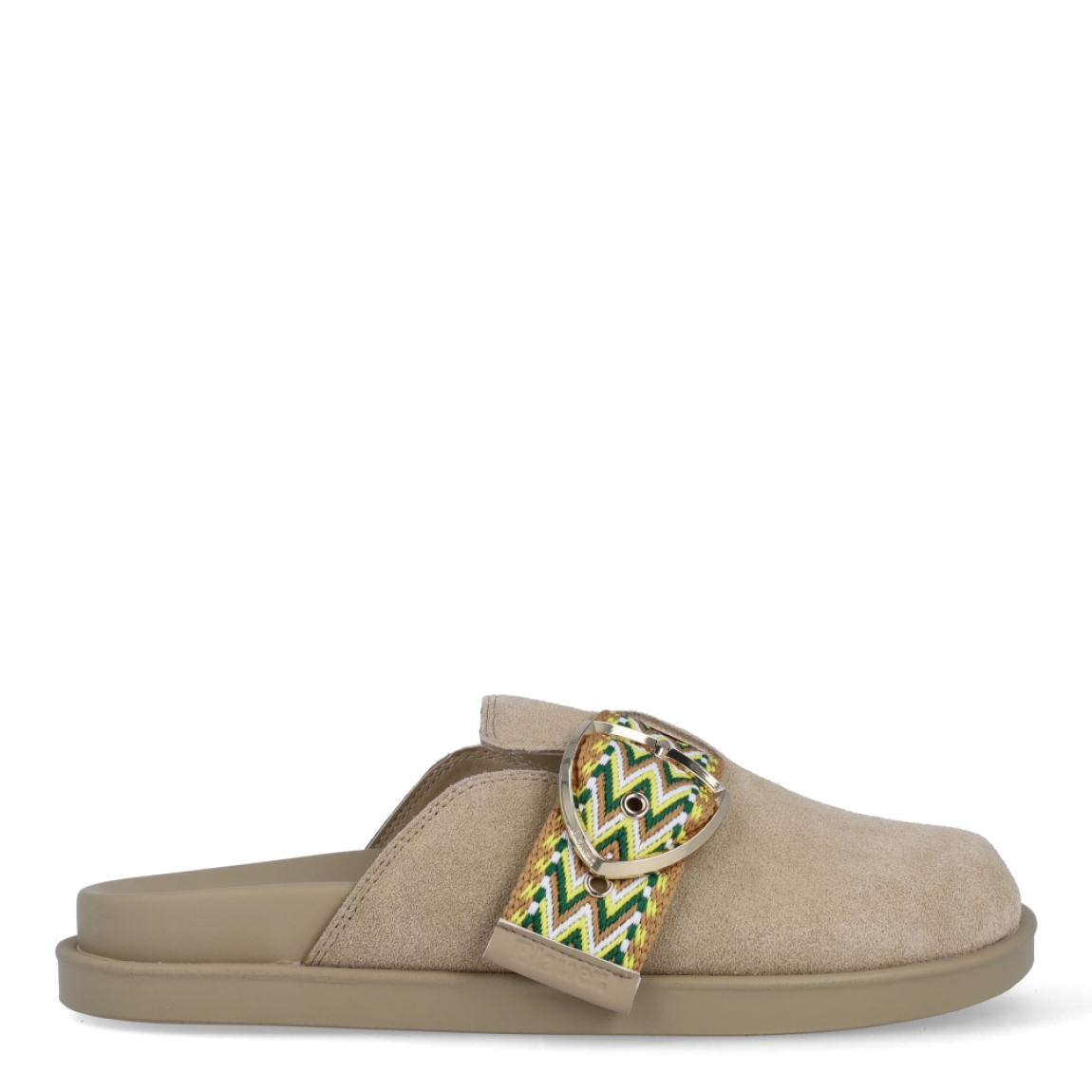 Zuecos de la marca Blauer, modelo GLADE. Exterior en ante color beig con estampado de formas multicolor destacando verde, amarillo y naranja, añadido a hebilla en la pala. Interior de los zuecos Blauer en ante color beig. Suela de goma y plana. Estos zuecos Blauer GLADE son ideales para ir a todos lados!