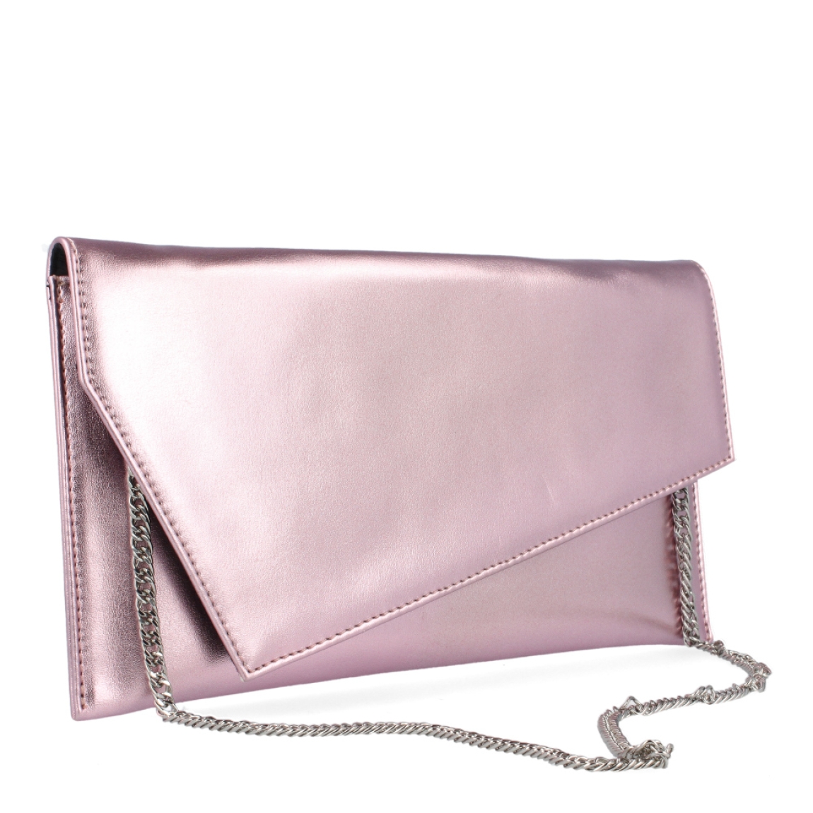 Bolso para eventos de la marca Munné, modelo VEGA. Bolso tipo cartera en piel vegana color rosa metalizado. Cierre del bolso con doble botón inmantado y asa de cadena. Medidas del bolso: alto 14cm y ancho 25cm, perfectas para llevar de mano y colgado cuando lo necesites. Este bolso de fiesta Munné VEGA es un clásico reinventado que te acompañará en tus eventos más especiales a juego con tus zapatos.