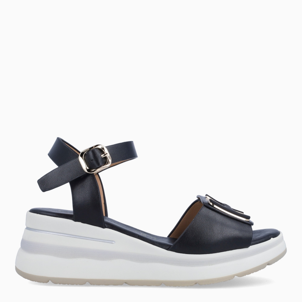 Sandalias de la marca Donna Serena, modelo MIRTA. Elaboradas en piel color negro con detalle de logo 