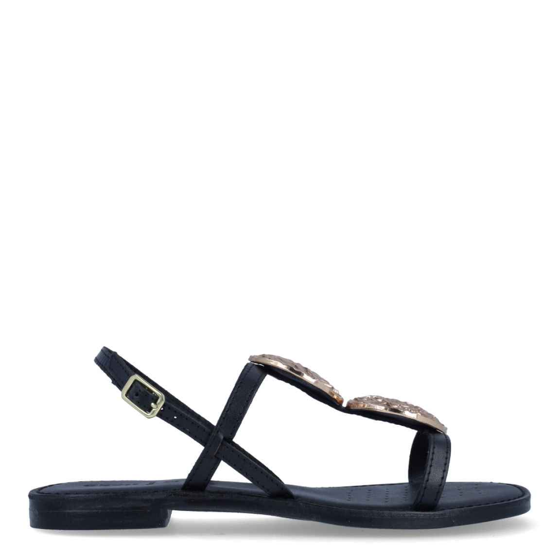 Sandalias de la marca Geox, modelo VIRGI. Exterior en piel color negro con aplicaciones de brillantes. Interior en piel color camel. Cierre de sandalias Geox con hebilla. Sandalias con suela plana. Estas sandalias Geox VIRGI son unas clásicas, que darán a tu look un estilo único!