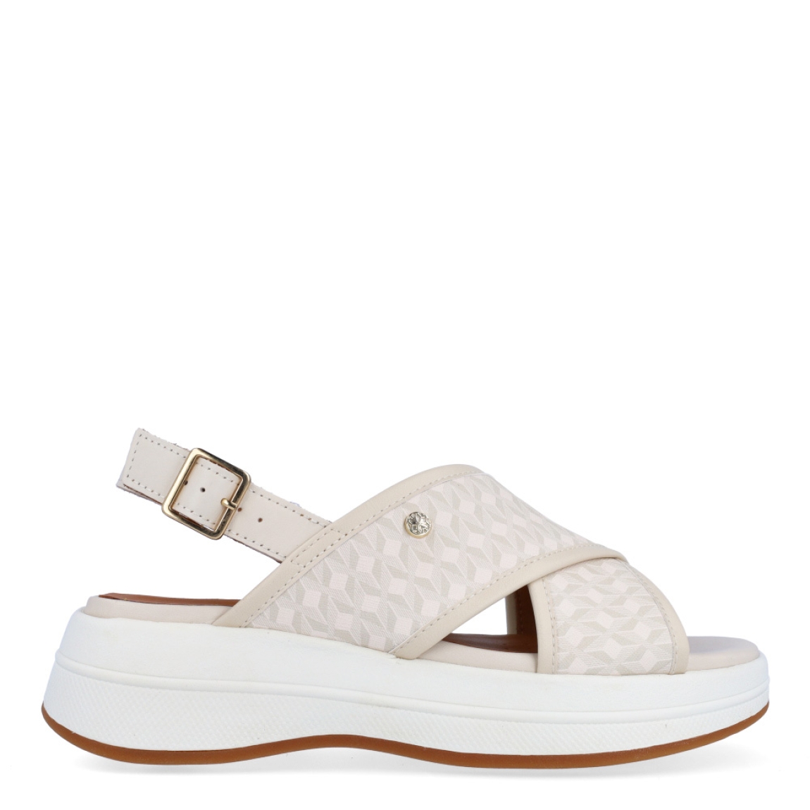 Sandalias de la marca Geox, modelo NORA. Exterior en piel color beig con tiras cruzadas con estampado.Interior en piel color camel. Cierre de sandalias Geox con hebilla. Sandalias con cuña de 4cm de altura. Estas sandalias Geox NORA son unas clásicas, que darán a tu look un estilo único!