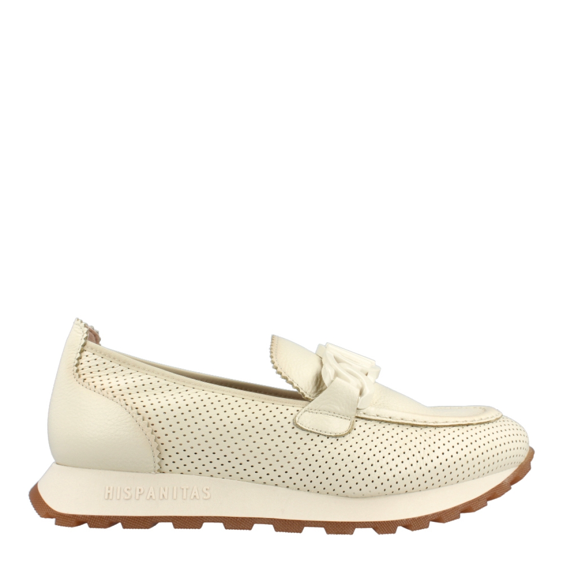 Mocasines de la marca Hispanita, modelo IMMA. Exterior de los mocasines en piel color beig con detalle en efect troquelado. Interior de los mocasines en piel color beig. Mocasines hispanitas con cuña de 2cm de altura. Estos mocasines Hispanitas Imma, son el complemento perfecto para tus looks de temporada, te darán estilo y comodidad sin duda!