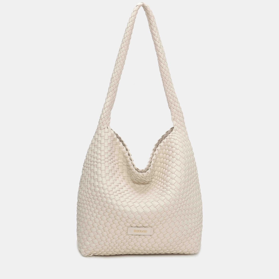 Bolso grande de la marca Binnari, modelo LIRA. Bolso elaborado en PU trenzado color hielo, es un auténtico best seller gracias a su diseño cómodo, ligero y súper versátil. Su asa larga permite llevarlo al hombro con total comodidad, adaptándose perfectamente al cuerpo. Bolso Binnari LIRA con un interior amplio, ideal para el día a día, y los detalles metálicos en tono oro claro aportan un toque elegante. Medidas: alto 34cm y ancho 35cm.