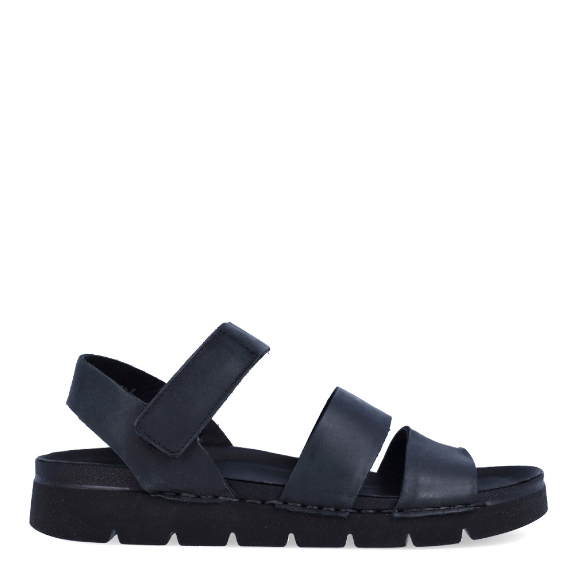Sandalias de la marca Walk & Fly, modelo LEOR. Exterior de las sandalias en piel color negro con tiras en pala. Interior de las sandalias en piel color negro. Cierre de las sandalias Walk & Fly con velcro y suela de goma con 3cm de altura. Estas sandalias Walk & Fly LEOR son un complemento clásico de temporada, te darán una comodidad absoluta. No te puede faltar en el armario.