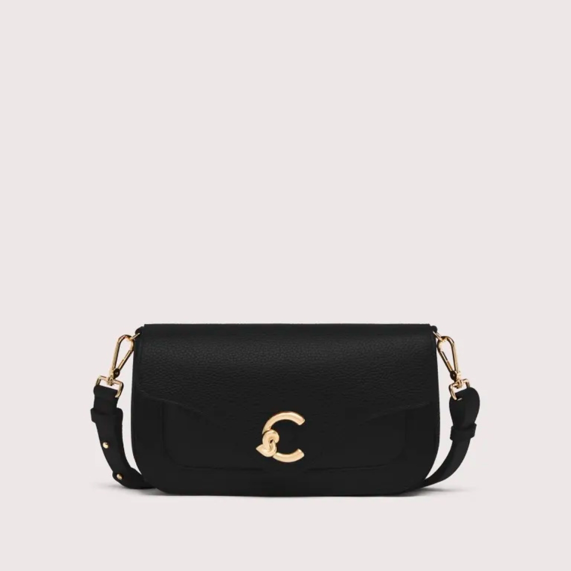 Bolso bandolera de la marca Coccinelle, modelo C-ME. Exterior en piel color negro con detalle de logo en parte frontal. Interior con compartimentos. Cierre con botón inmantado y doble asa, de mano y hombro. Medidas: alto 15cm y ancho 26cm. Este bolso Coccinelle C-ME es un complemento sofisticado, ideal para combinar con tus looks de temporada!