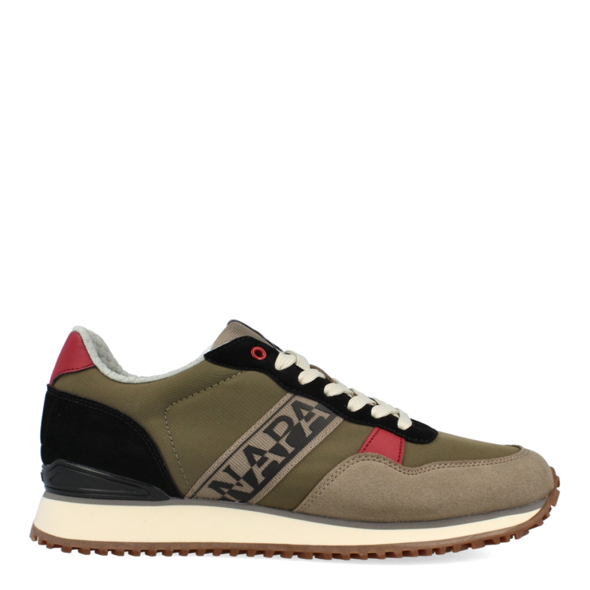 Deportivas clásicas de la marca Napapijri, modelo NP1. Exterior de las deportivas en naylon color verde con detalles en ante color taupe y negro, piel roja y estampado de la marca. Interior de las deportivas en textil color gris con plantilla acolchada y extraíble. Cierre de las deportivas con cordones y suela plana. Estas deportivas Napapijri NP1 son unas clásicas, que te permitirán crear diferentes looks en tu día a día.