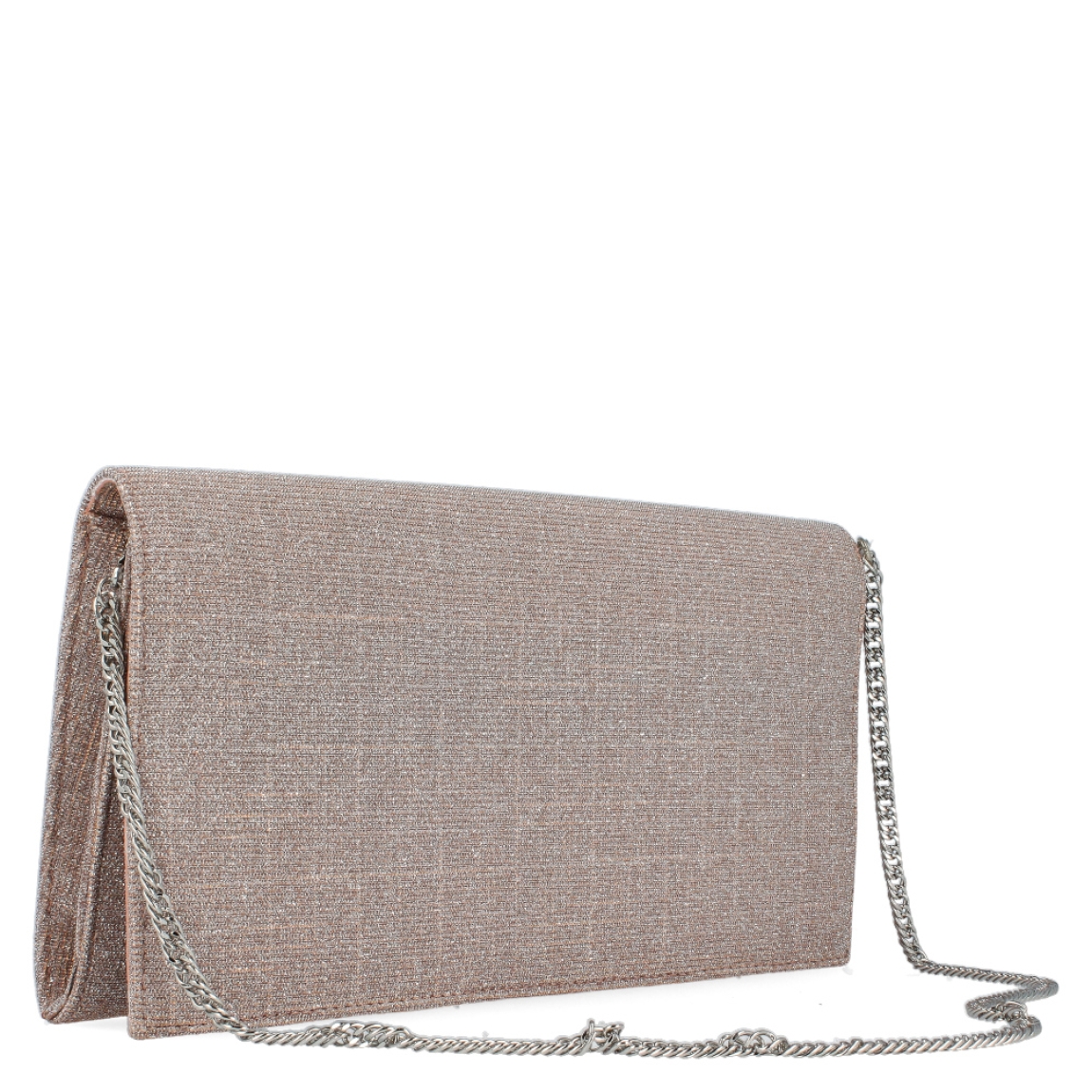 Bolso tipo cartera glitter de la marca Munné, modelo Candela. Exterior de la cartera de piel de color nude y glitter. Bolso con solapa tipo sobre con cierre de botón metálico. Medidas de 26 cm x 14 cm x 2,5 cm. El bolso tipo cartera de fiesta contine una cadena corta en el interior para colgar, y dispone de bolsillo interior con cremallera. Ideal para todos tus looks de fiesta!