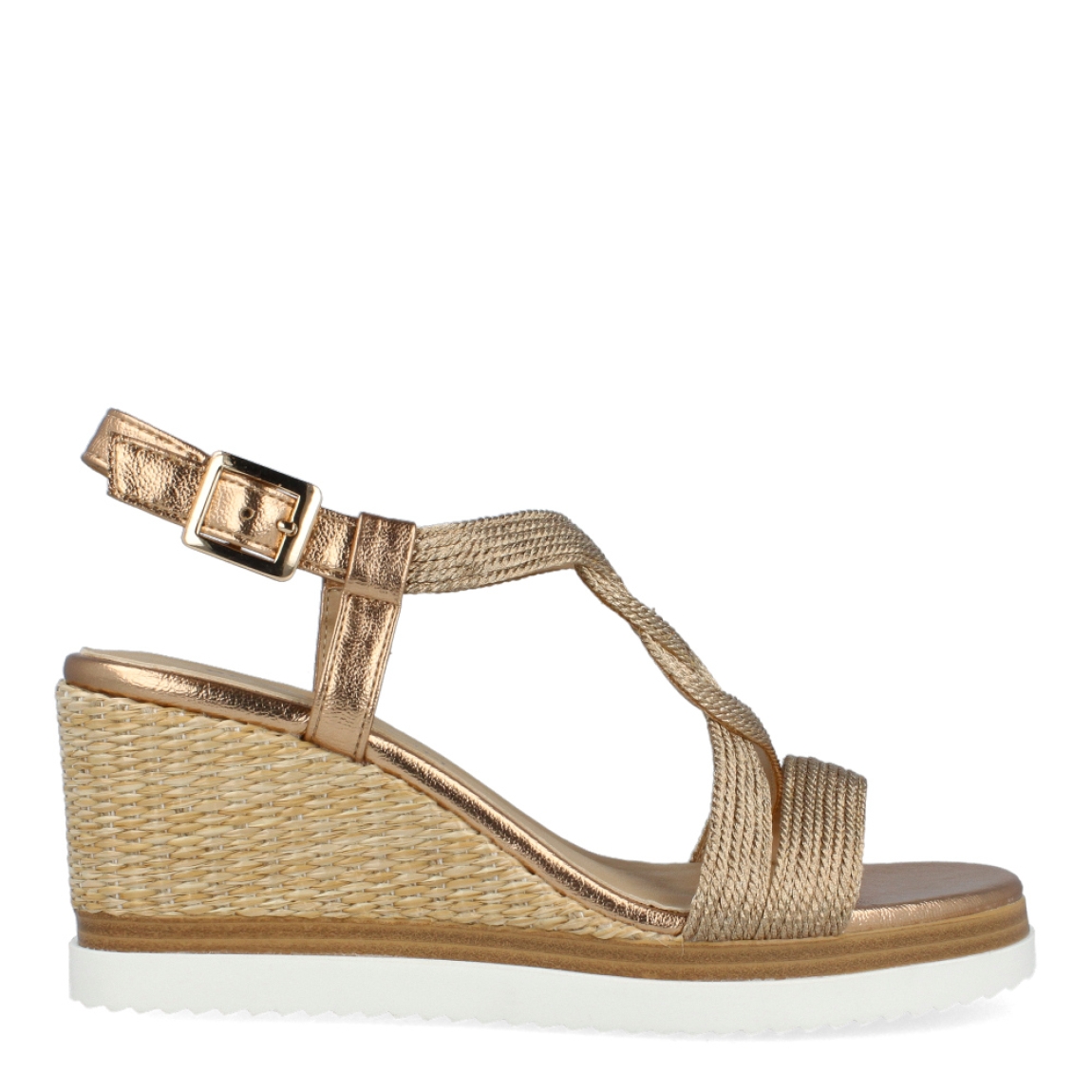 Sandalias de la marca Regarde Le Ciel, modelo MADISON. Exterior de las sandalias en piel color bronce con tiras. Interior de las sandalias en piel color beig. Cierre de las sandalias con hebilla y cuña de 7cm de altura. Estas sandalias Regarde Le Ciel MADISON son un complemento que te aportará comodidad y estilo en tus looks de temporada.