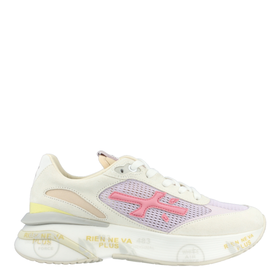 Deportivas de la marca Premiata, modelo MOERUND. Exterior de las deportivas en tela color lila con efecto rejilla, detalle en ante olor beig y logo de la marca en color rosa. Interior de las deportivas en piel color beig. Cierre de las deportivas Premiata con cordones. Deportivas con cuña de 3cm de altura. Estas deportivas Premiata MOERUND son un complemento ideal para tu armario de temporada!